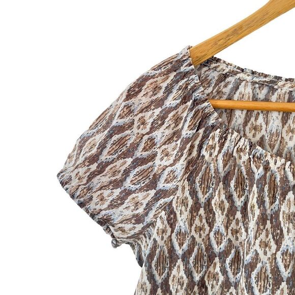 Liz Claiborne Brown Pattern Lightweight Cotton Boho Short Sleeve Blouse - Picture 3 of 8